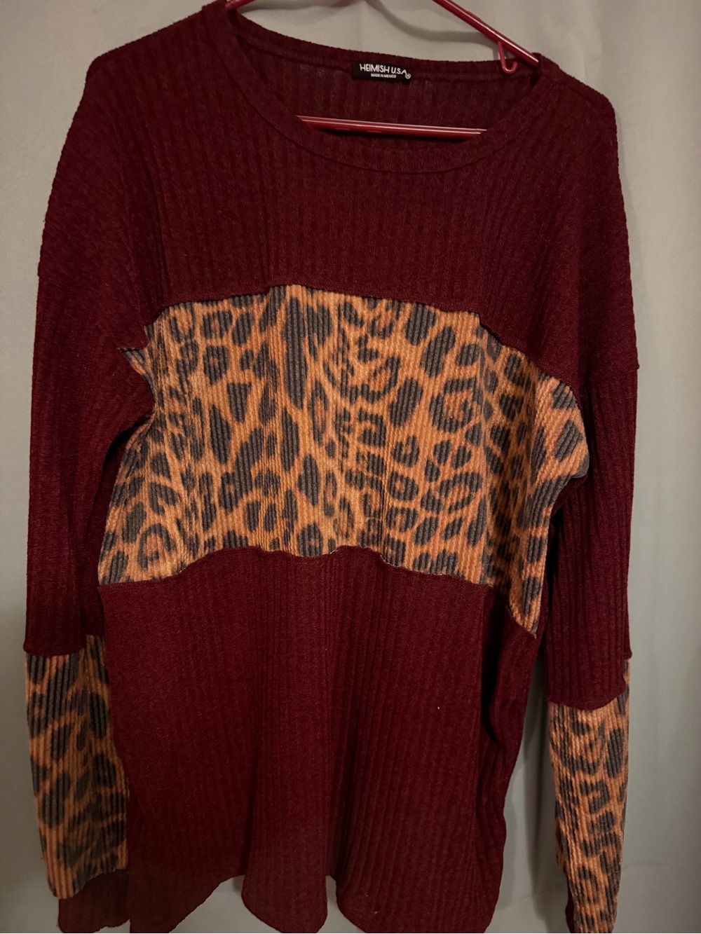 HEIMISH USA Burgundy Ribbed Sweater with Leopard-Print Accent